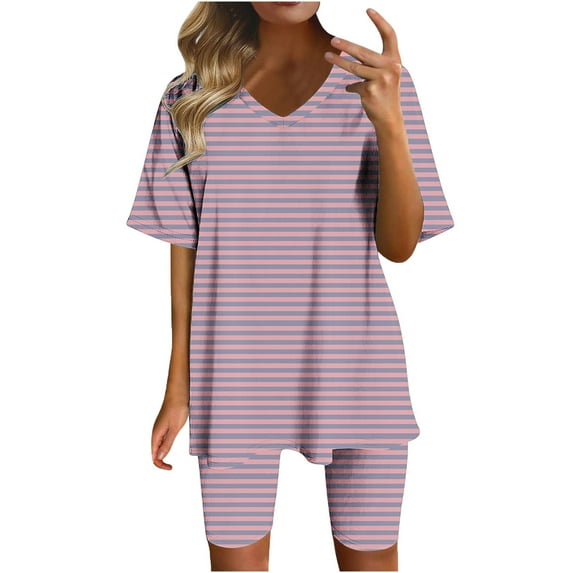 ZyeKqe 2 Piece Lounge Set Womens Striped Outfits Short Sleeve V Neck T-Shirts High Waisted Biker Shorts