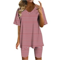 ZyeKqe 2 Piece Lounge Set Womens Striped Outfits Short Sleeve V Neck T-Shirts High Waisted Biker Shorts