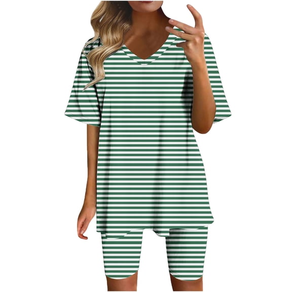 ZyeKqe 2 Piece Lounge Set Womens Striped Outfits Short Sleeve V Neck T-Shirts High Waisted Biker Shorts