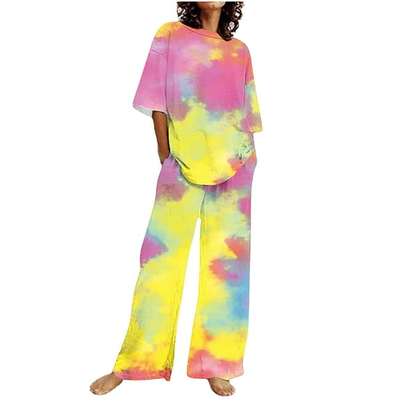 ZyeKqe 2 Piece Plus Size Casual Sets 1/2 Length Sleeve Crew Neck T Shirts Wide Leg Pants Matching Outfits