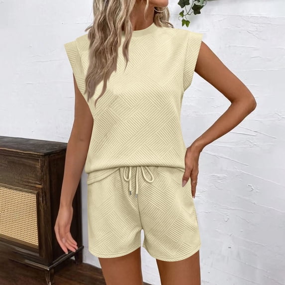 ZyeKqe 2 Piece Sets for Women Cap Sleeve Crewneck Tops Drawstring Elastic Waist Shorts with Pockets Workout Suits