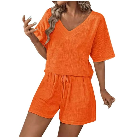 ZyeKqe 2 Piece Sets for Women Sweatsuit Casual Short Sleeve V Neck Tshirts Drawstring Shorts Lounge Sets