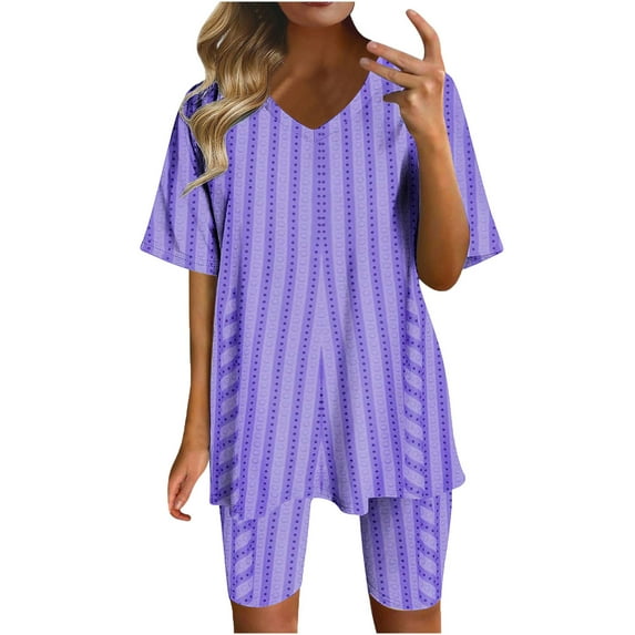 ZyeKqe 2 Piece Workout Sets for Women Casual V Neck Short Sleeve Block Color Biker Shorts Yoga Sports Sets