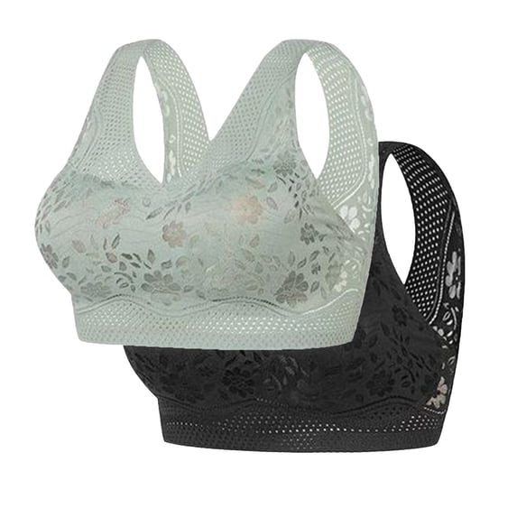 ZyeKqe 2PC Wireless Bras for Women Wide Strap Full Coverage Bras Breathable Push up Floral Lace Everyday Bralettes
