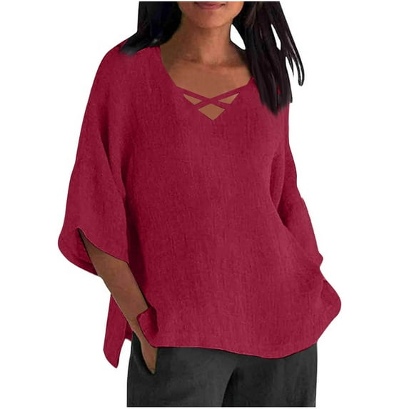 ZyeKqe 3/4 Length Sleeve Womens Tops Cotton Linen Criss Cross V Neck T Shirts Side Split Loose Fitted Tunic Tops Blouses