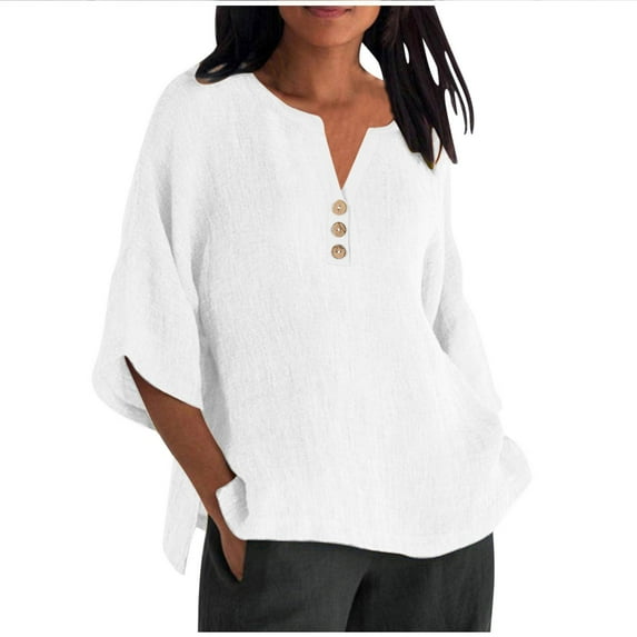 ZyeKqe 3/4 Length Sleeve Womens Tops Plus Size Cotton Linen Shirts Button V Neck Loose Fitting T Shirts Blouses