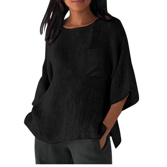 ZyeKqe 3/4 Length Sleeve Womens Tops Round Neck Oversized Pocket T-Shirt Loose Casual Shirt Solid Color Summer Top