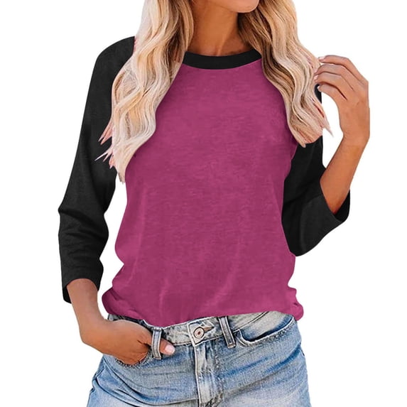 ZyeKqe 3/4 Length Tops Women Round Neck T Shirts Color Block Summer Top Loose Fitting Tees