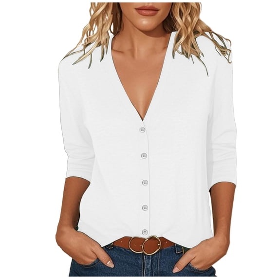 ZyeKqe 3/4 Sleeve Cardigans for Women V-Neck Button down Blouse Lightweight Casual Fall Blouses Sweater Tops