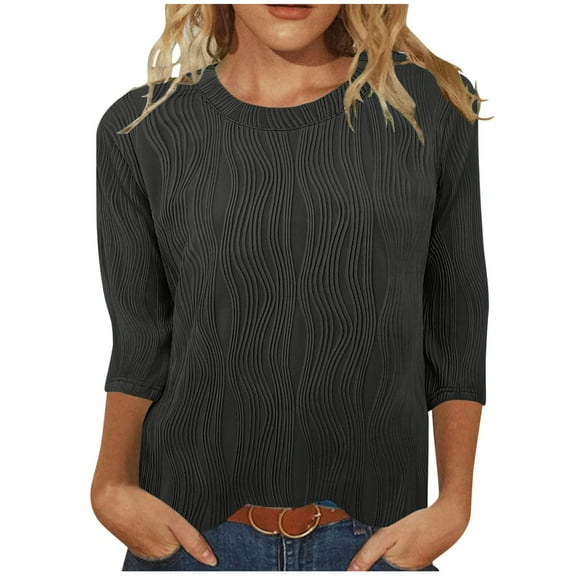 ZyeKqe 3/4 Sleeve Length Tops Womens Round Neck Textured T Shirts Loose Fitted Tunic Top Basic Tees Blouses