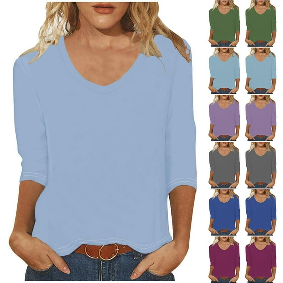 ZyeKqe Summer Tops for Women Casual V Neck Plain T Shirts Round Neck Cute Loose Fitted Basic Tees Blouses