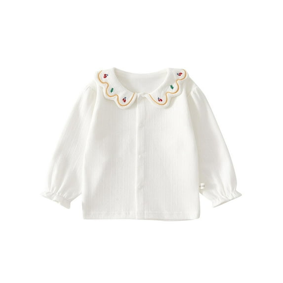 ZyeKqe Baby Clothes Infant Girl Cotton Tops Button down Long Sleeve Shirts Kids Solid Color Babydoll Collar T-Shirt Top Blouses