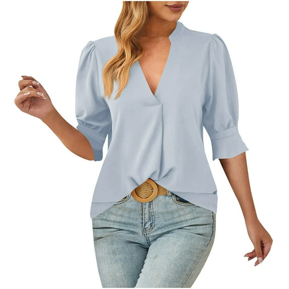 ZyeKqe Blouses for Women Dressy 3/4 Sleeve Top V Neck Business Casual Top Loose Fitted Work Office Blouses
