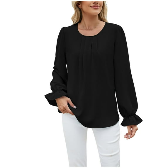 ZyeKqe Blouses for Women Dressy Casual Puff Long Sleeve Shirts Crewneck Pleated Work Office Top