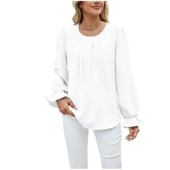 ZyeKqe Blouses for Women Dressy Casual Puff Long Sleeve Shirts Crewneck Pleated Work Office Top