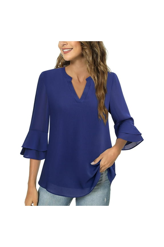 Blouses for Women Dressy Casual Ruffle 3/4 Sleeve Work Top V Neck Double Layered Chiffon Business Top
