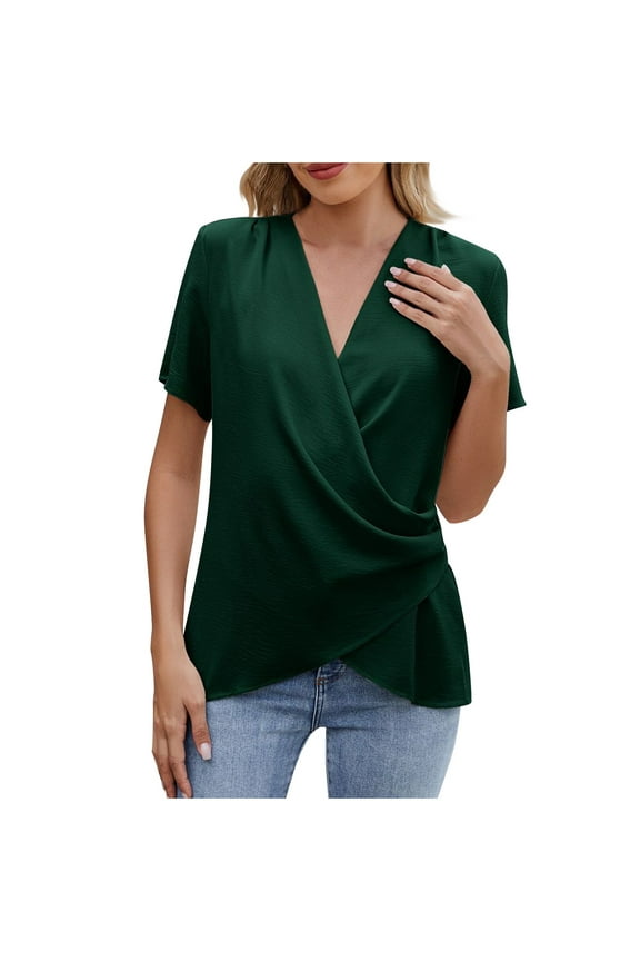 Blouses for Women Dressy Casual Short Sleeve Business Top Wrap V Neck Office Work Top