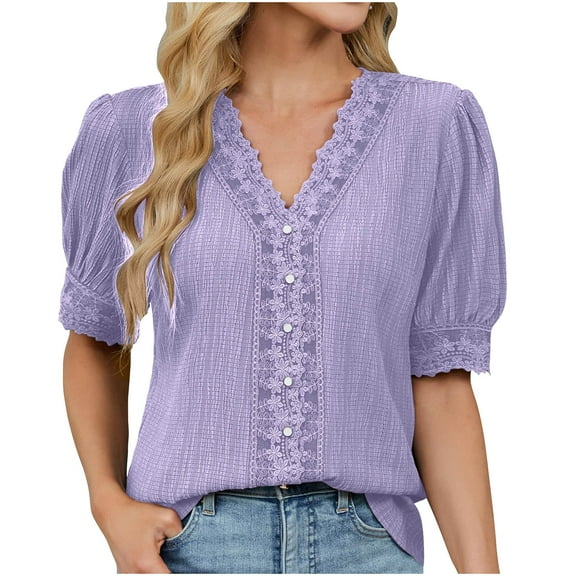ZyeKqe Blouses for Women Dressy Casual Tops Puff Short Sleeve Work Office Shirts Lace V Neck Business Top