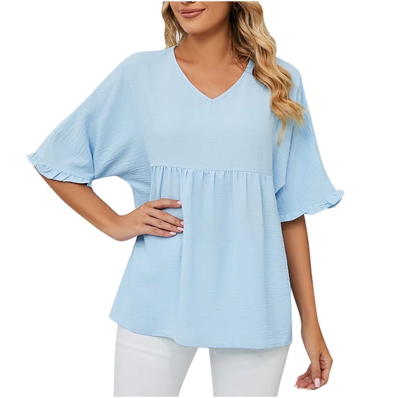 ZyeKqe Blouses for Women Smocked Casual V Neck Shirts Ruffle Half Sleeve baby doll Tops Blouse