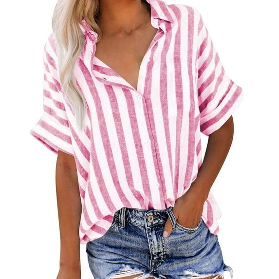 ZyeKqe Blouses for Women Striped Button down Shirts Short Sleeve Collar Casual Office Work Tops