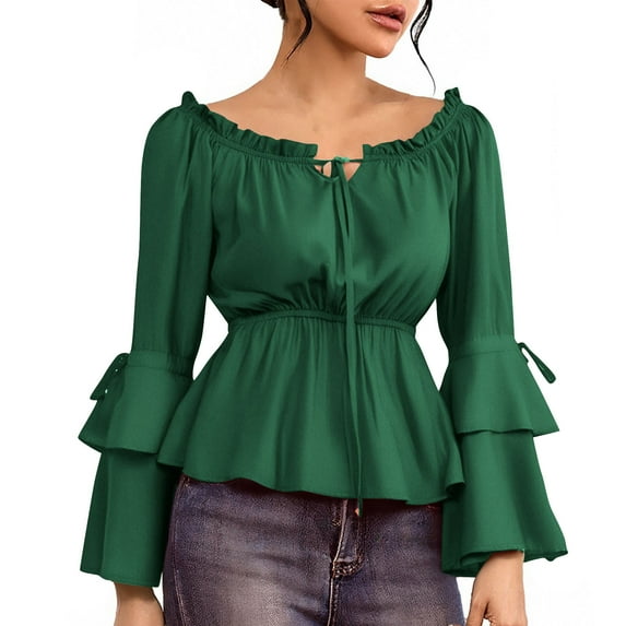 ZyeKqe Blouses for Women off Shoulder Long Sleeve Solid Color Tops Gothic Summer Smocked Boho Party Shirts