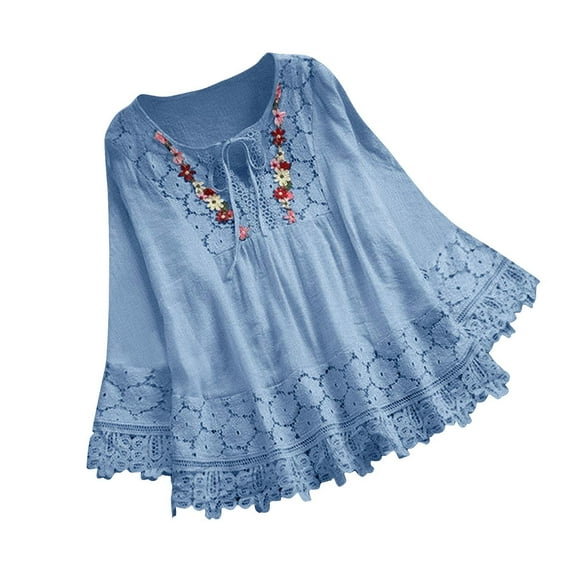 ZyeKqe Boho Tops for Women Lace Crochet Long Sleeve Shirts Crewneck Lace up Floral Embroidery Blouse Dressy Casual