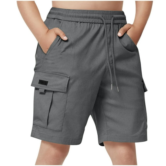ZyeKqe Boys Cargo Shorts Drawstring Elastic Waisted Short Pants Solid Color Hiking Shorts with Pockets