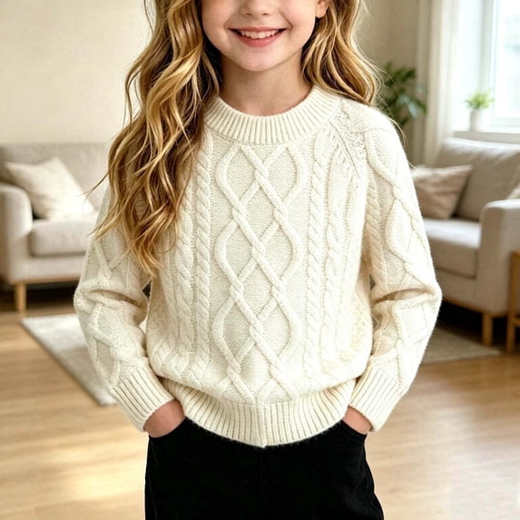 ZyeKqe Boys Girls Sweater Cable Knit Fleece Crewneck Pullover Casual Winter Warm Soft Comfy Unisex Long Sleeve Tops for Kids