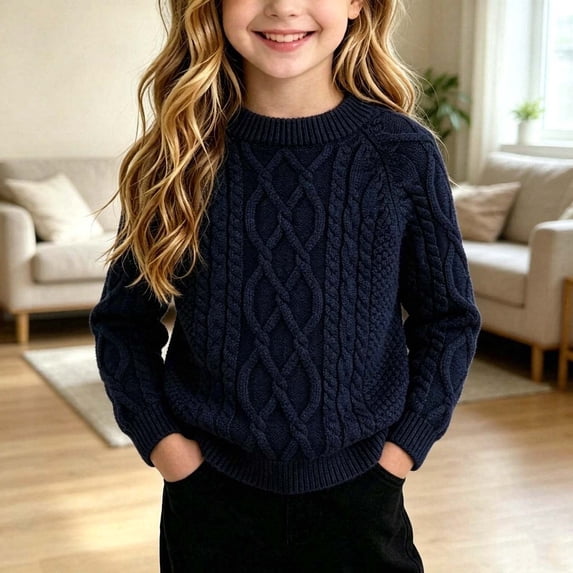 ZyeKqe Boys Girls Sweater Cable Knit Fleece Crewneck Pullover Casual Winter Warm Soft Comfy Unisex Long Sleeve Tops for Kids