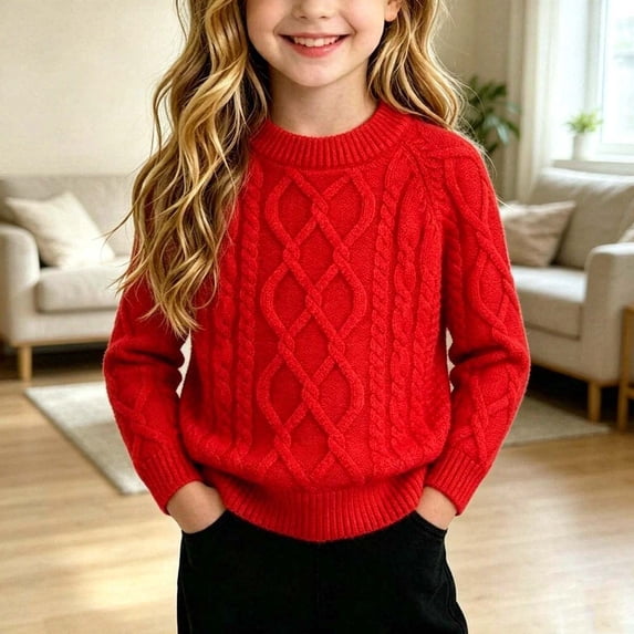 ZyeKqe Boys Girls Sweater Cable Knit Fleece Crewneck Pullover Casual Winter Warm Soft Comfy Unisex Long Sleeve Tops for Kids