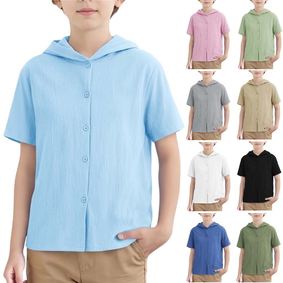 ZyeKqe Boys Summer Tops Short Sleeve Button down Shirt Summer Casual Loose Beach Fashion Hooded Blouses