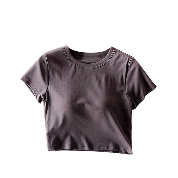 ZyeKqe Built-In Bra T-Shirts for Womens Padded Active Crop Tops Summer Short Sleeves Soft Casual Pajamas