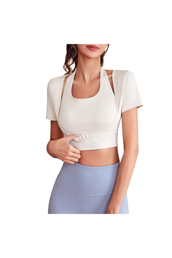 Built in Bra Workout Tops for Women Short Sleeve Cropped Shirts Square Neck Athletic T Shirts Slim Fitted Yoga Top