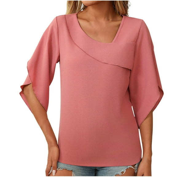 ZyeKqe Business Casual Tops for Women 3/4 Length Sleeve Top Asymmetrical V Neck Top Loose Fitted Chiffon Blouses