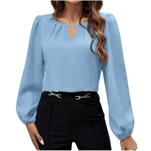 ZyeKqe Business Casual Tops for Women Long Sleeve Shirts Keyhole Crewneck Pleated Blouses Office Work Dressy Top