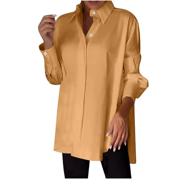 ZyeKqe Button down Shirts for Women Plus Size Long Sleeve Work Shirts Collared Business Casual Top Side Split Chiffon Blouses