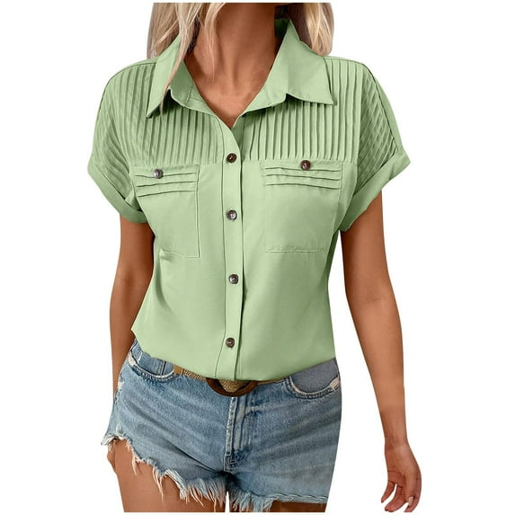 ZyeKqe Button down Shirts for Women Short Sleeve Shirts Solid Color Business Casual Tops Loose Fitted