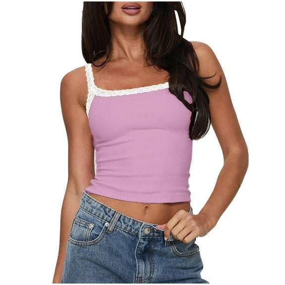 ZyeKqe Camisole Tops for Women Lace Trim Spaghetti Strap Cami Top Slim Fitted Basic Sleeveless Undershirts