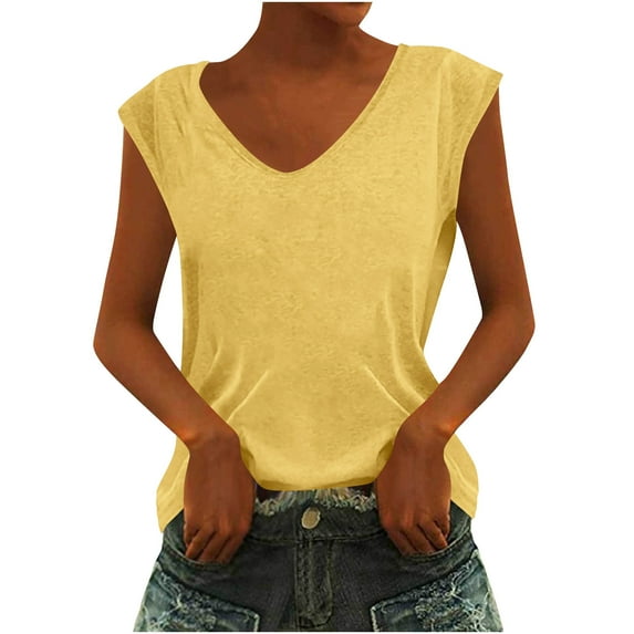 ZyeKqe Cap Sleeve Shirts for Women V Neck T Shirts Solid Color Summer Top Loose Fitted Tees