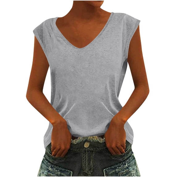 ZyeKqe Cap Sleeve Shirts for Women V Neck T Shirts Solid Color Summer Top Loose Fitted Tees