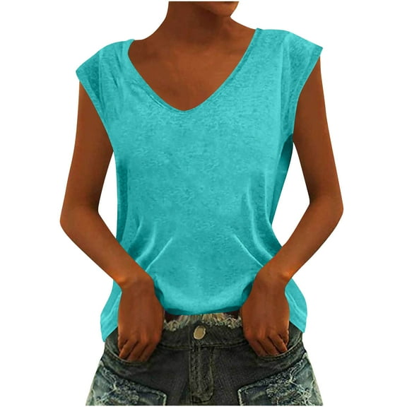 ZyeKqe Cap Sleeve Shirts for Women V Neck T Shirts Solid Color Summer Top Loose Fitted Tees