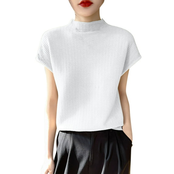 ZyeKqe Cap Sleeve Sweaters for Women High Neck Summer Top Solid Color Pullover Knit Top Lightweight Loose Blouse
