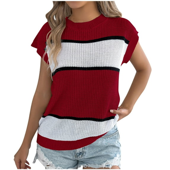 ZyeKqe Cap Sleeve Tops for Women Crewneck Pullover Knit Top Color Block T Shirts Blouses Top