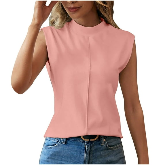 ZyeKqe Cap Sleeve Tops for Women High Neck Tank Tops Solid Color Business Casual Top Loose Fitted Blouses