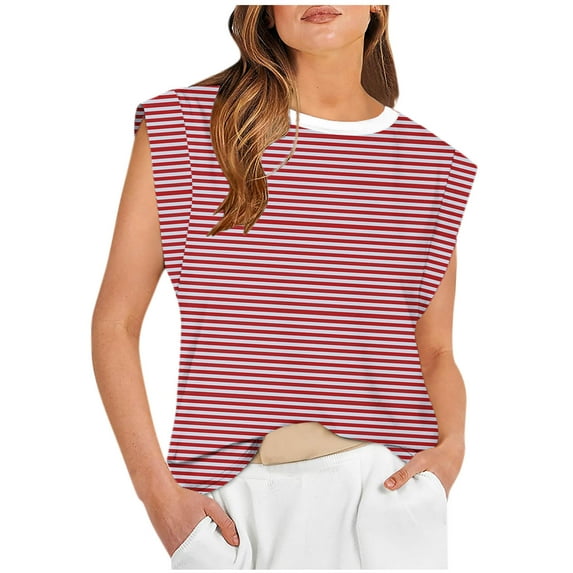 ZyeKqe Cap Sleeve Tops for Women Summer Trendy Sleeveless Crew Neck Tshirts Loose Fitted Striped Tunic Tops