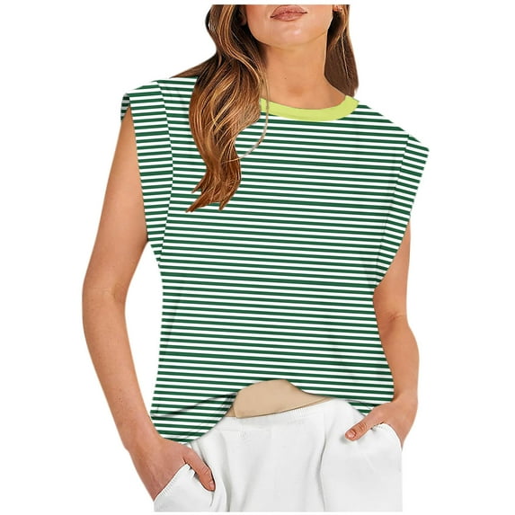 ZyeKqe Cap Sleeve Tops for Women Summer Trendy Sleeveless Crew Neck Tshirts Loose Fitted Striped Tunic Tops