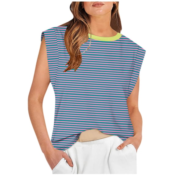 ZyeKqe Cap Sleeve Tops for Women Summer Trendy Sleeveless Crew Neck Tshirts Loose Fitted Striped Tunic Tops
