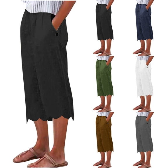 ZyeKqe Capri Pants for Women Casual Summer Wide Leg Pants Elastic Waist Beach Cropped Trousers with Pockets