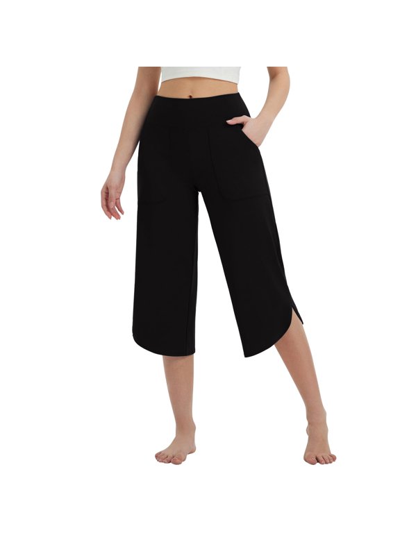 Capri Pants for Women Loose Stretch Split Training Workout Wide Leg Yoga Cropped Pants with Pockets