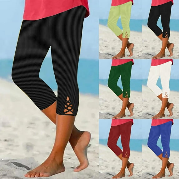 ZyeKqe Capri Pants for Women Stretchy High Waisted Cropped Yoga Pants Hollow out Summer Capris Beach Trousers